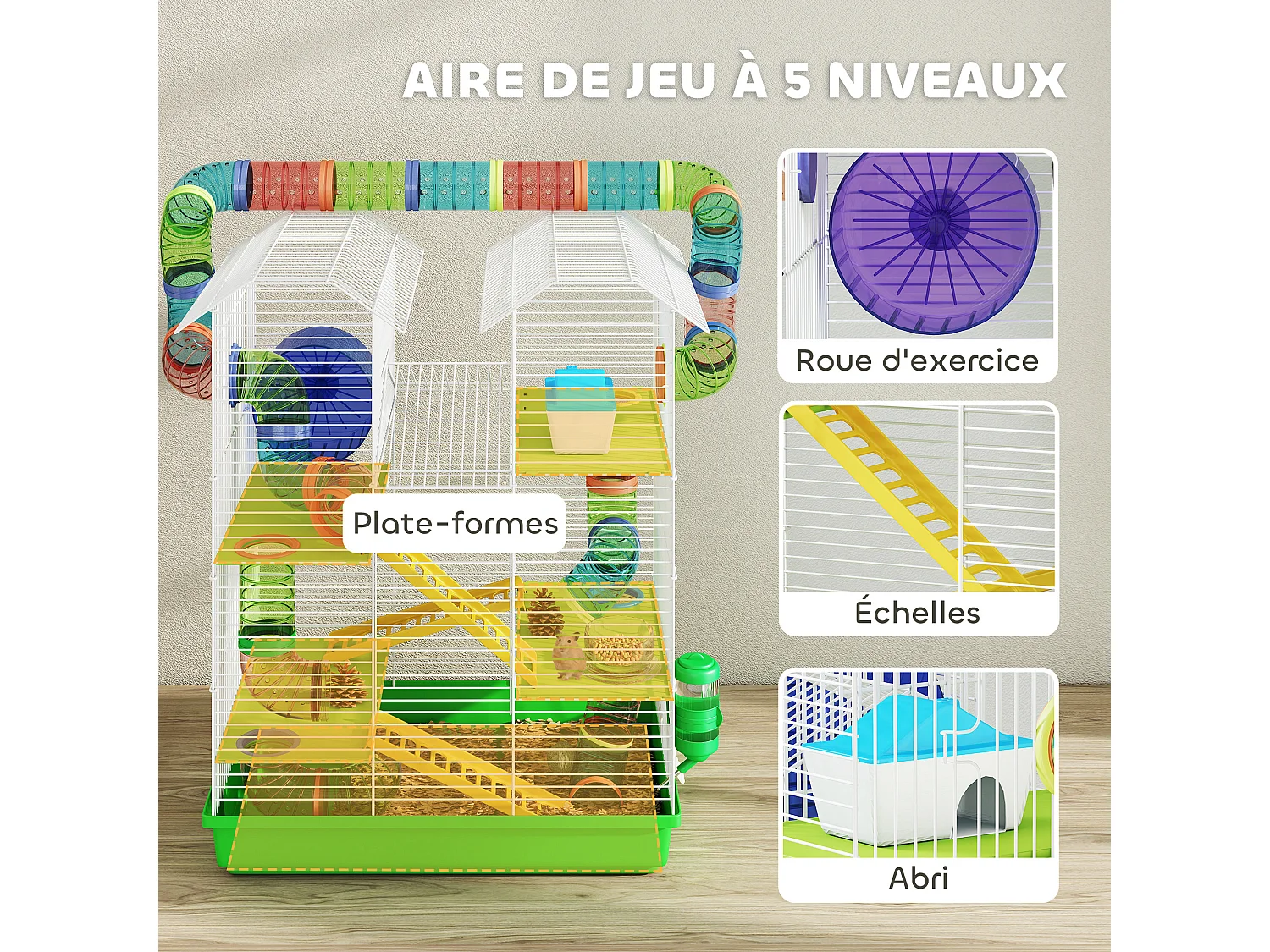 Cage pour hamster souris petits animaux rongeur avec tunnel mangeoire roue jouet 47 x 30 x 59 cm cm vert