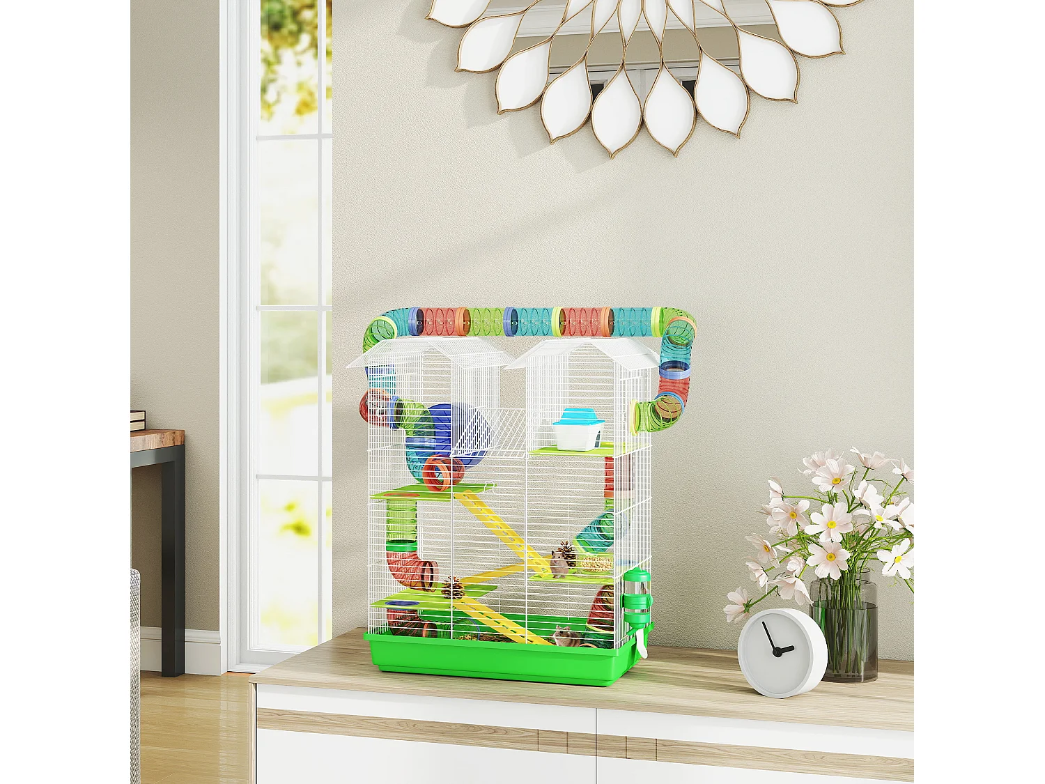 Cage pour hamster souris petits animaux rongeur avec tunnel mangeoire roue jouet 47 x 30 x 59 cm cm vert