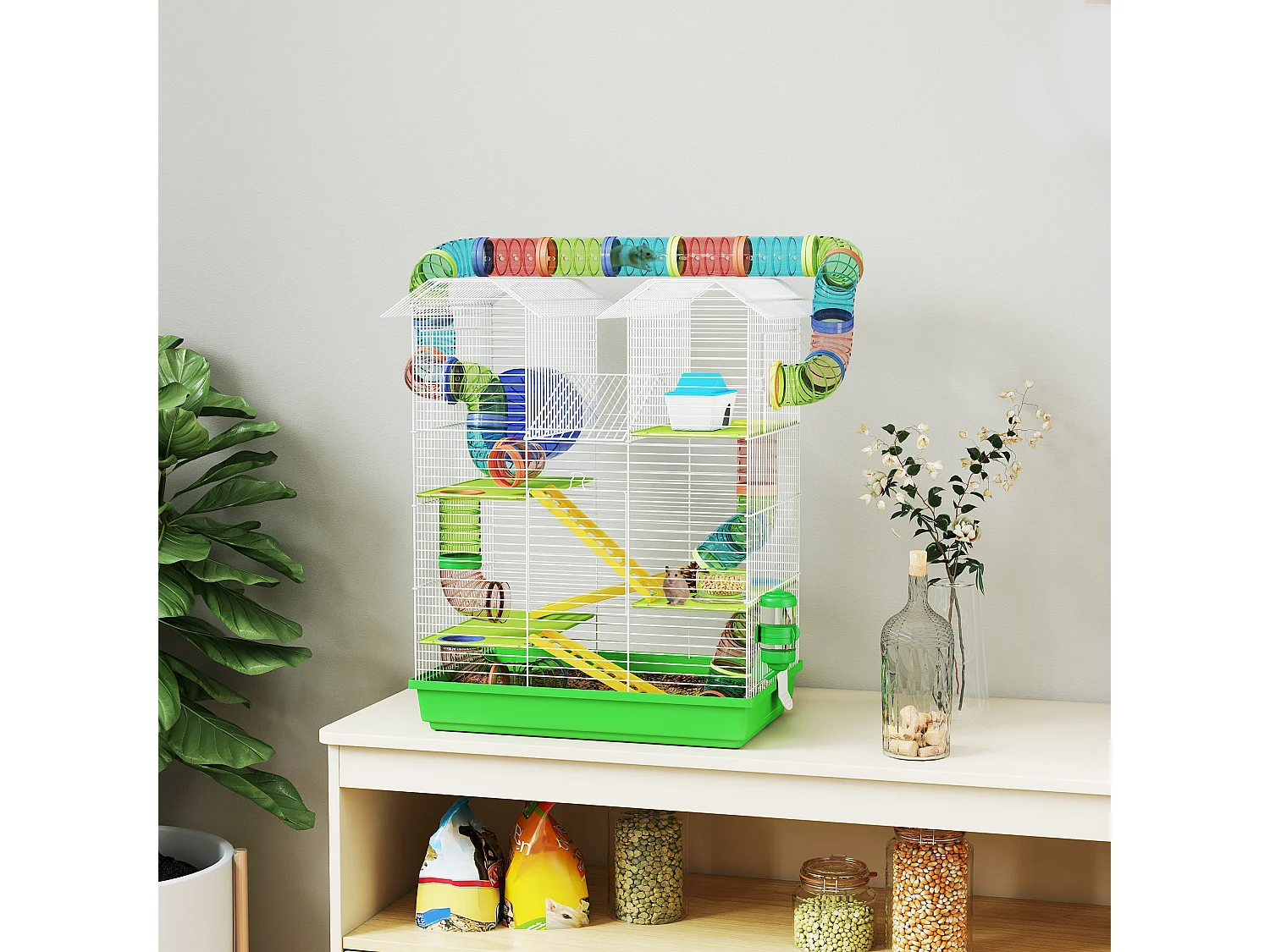Cage pour hamster souris petits animaux rongeur avec tunnel mangeoire roue jouet 47 x 30 x 59 cm cm vert
