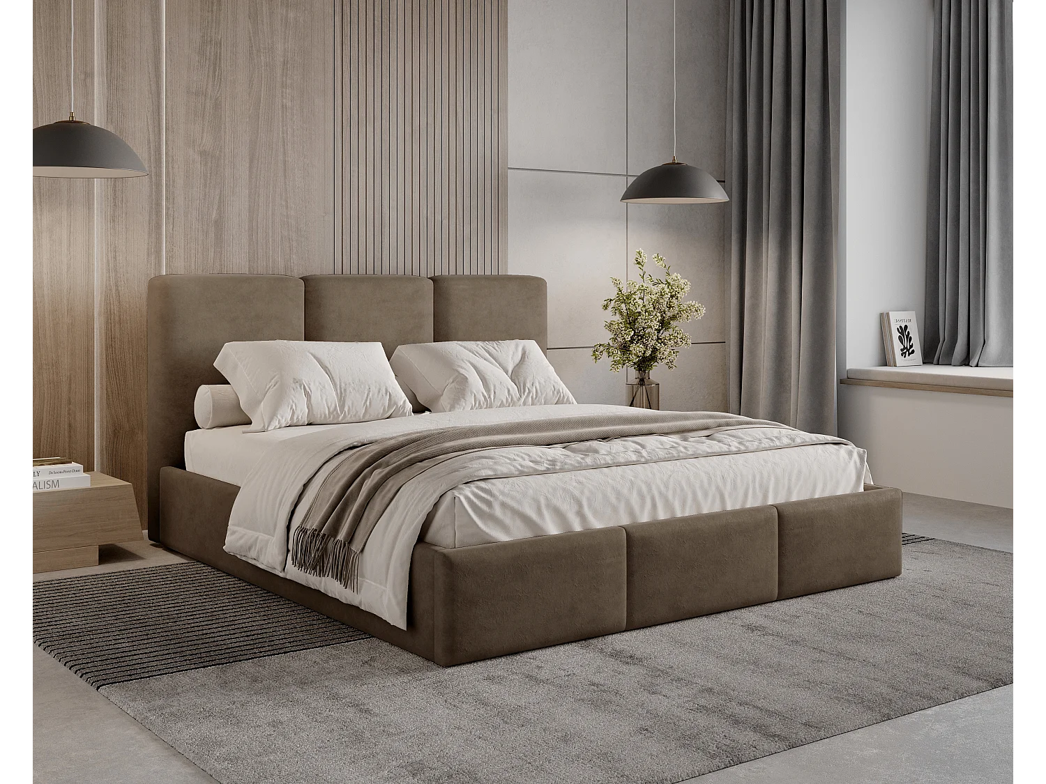 BESILIO Lit tapissé avec coffre de rangement 140x200 Elora – lit fin avec tête de lit décorative et cadre en métal – Marron