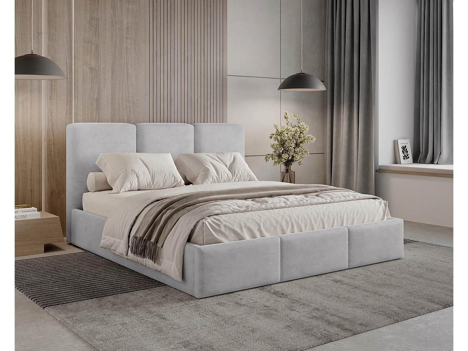 BESILIO Lit tapissé avec coffre de rangement 160x200 Elora – lit fin avec tête de lit décorative et cadre en métal – Gris clair