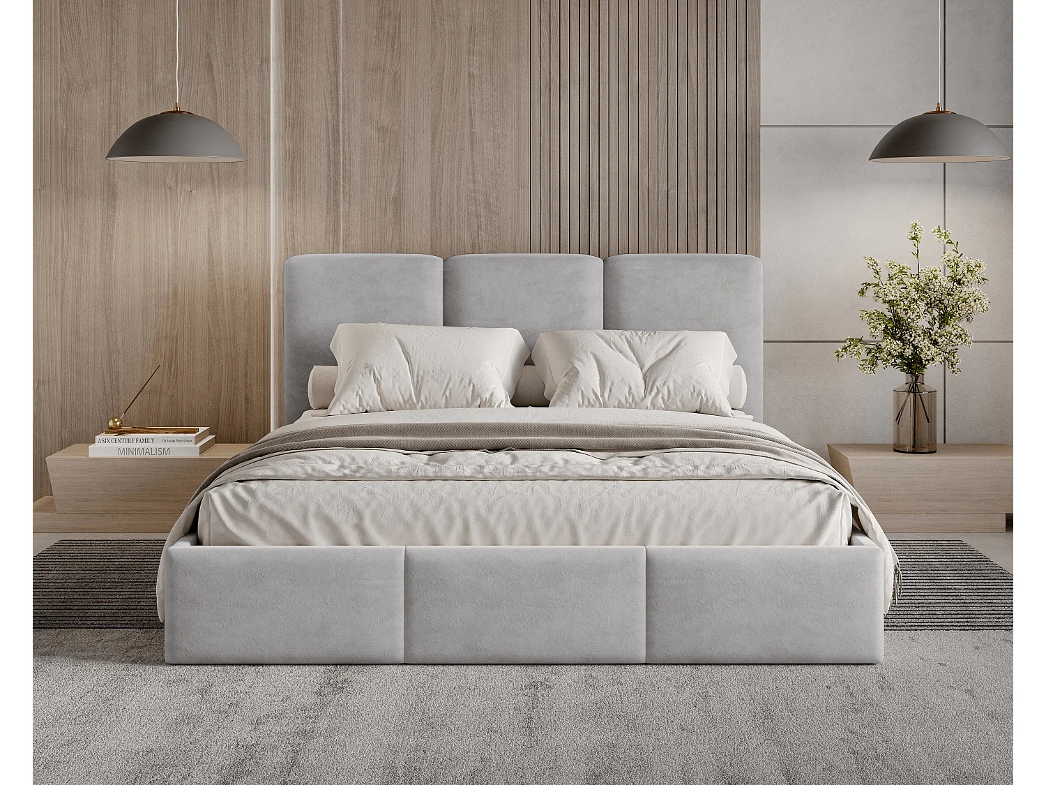 BESILIO Lit tapissé avec coffre de rangement 160x200 Elora – lit fin avec tête de lit décorative et cadre en métal – Gris clair