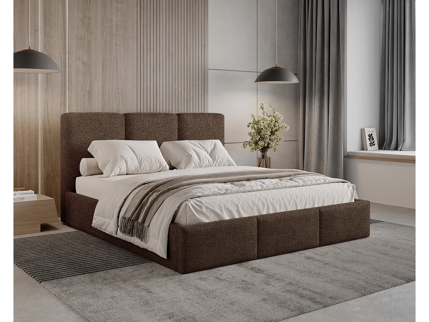 Gestoffeerd bed 160x200 Elora bouclé – bed met opbergruimte en lattenbodem, modern opbergbed, slaapkamerbed, trendy bouclé stof – Bruin