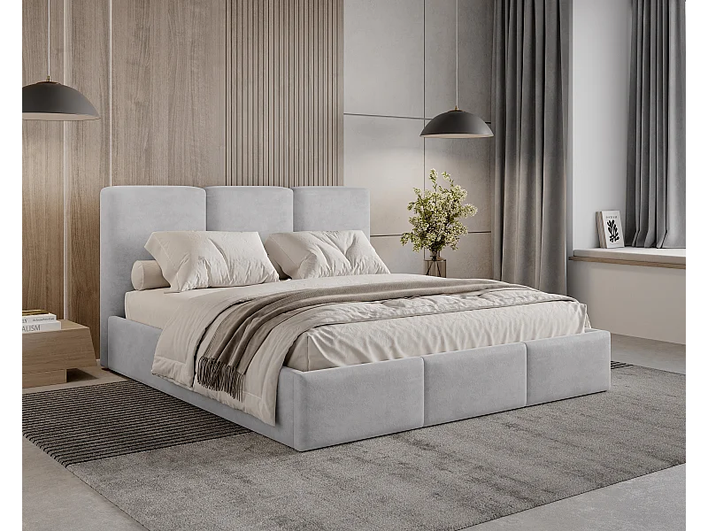 BESILIO Lit tapissé avec coffre de rangement 160x200 Elora – lit fin avec tête de lit décorative et cadre en métal – Gris clair