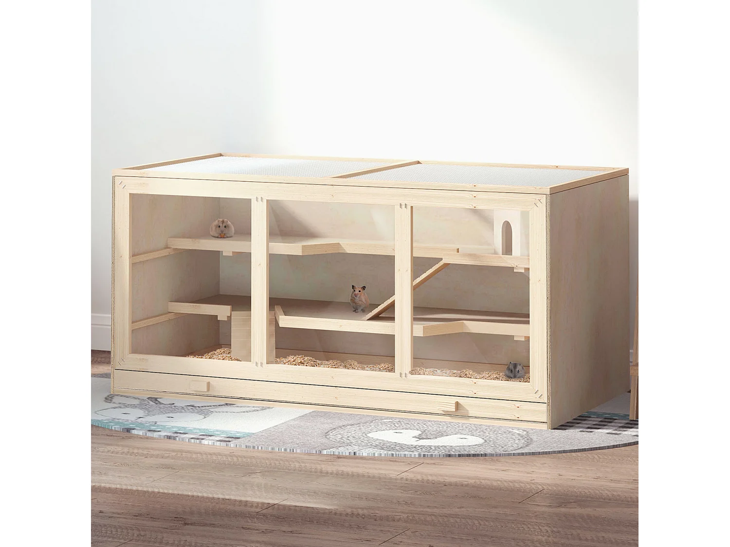 Cage pour hamster 2 étages dim. 115x57x55cm toit ouvrable fenêtres cabane 2 échelles plateau déjection bois