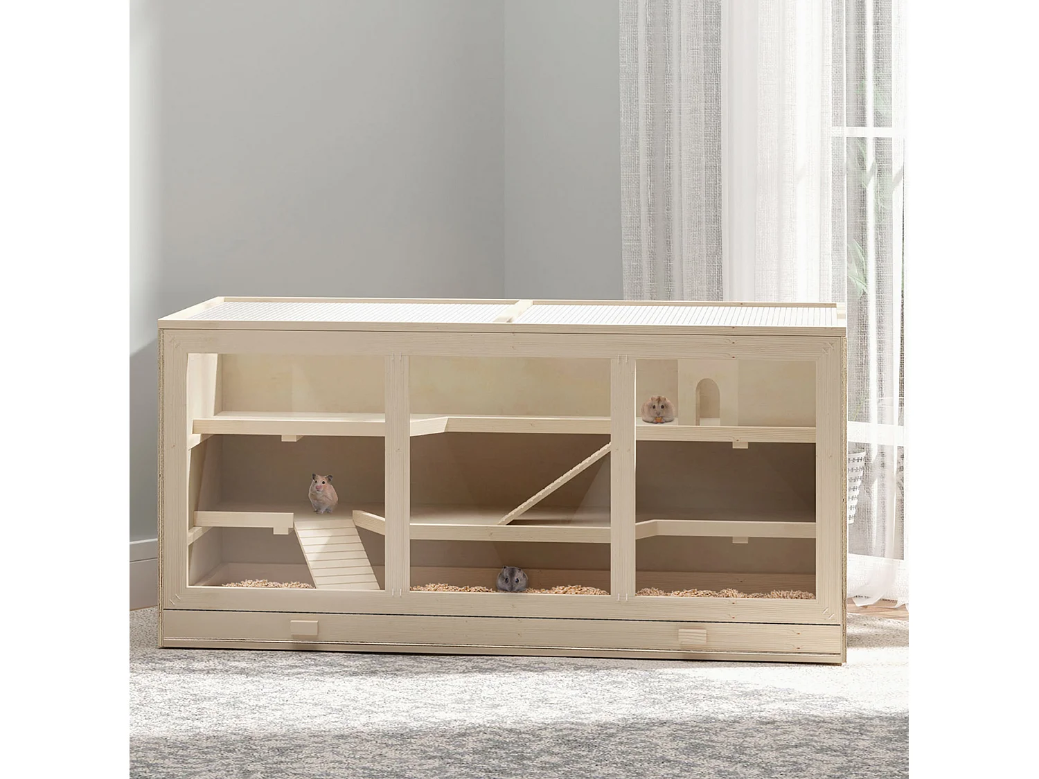 Cage pour hamster 2 étages dim. 115x57x55cm toit ouvrable fenêtres cabane 2 échelles plateau déjection bois