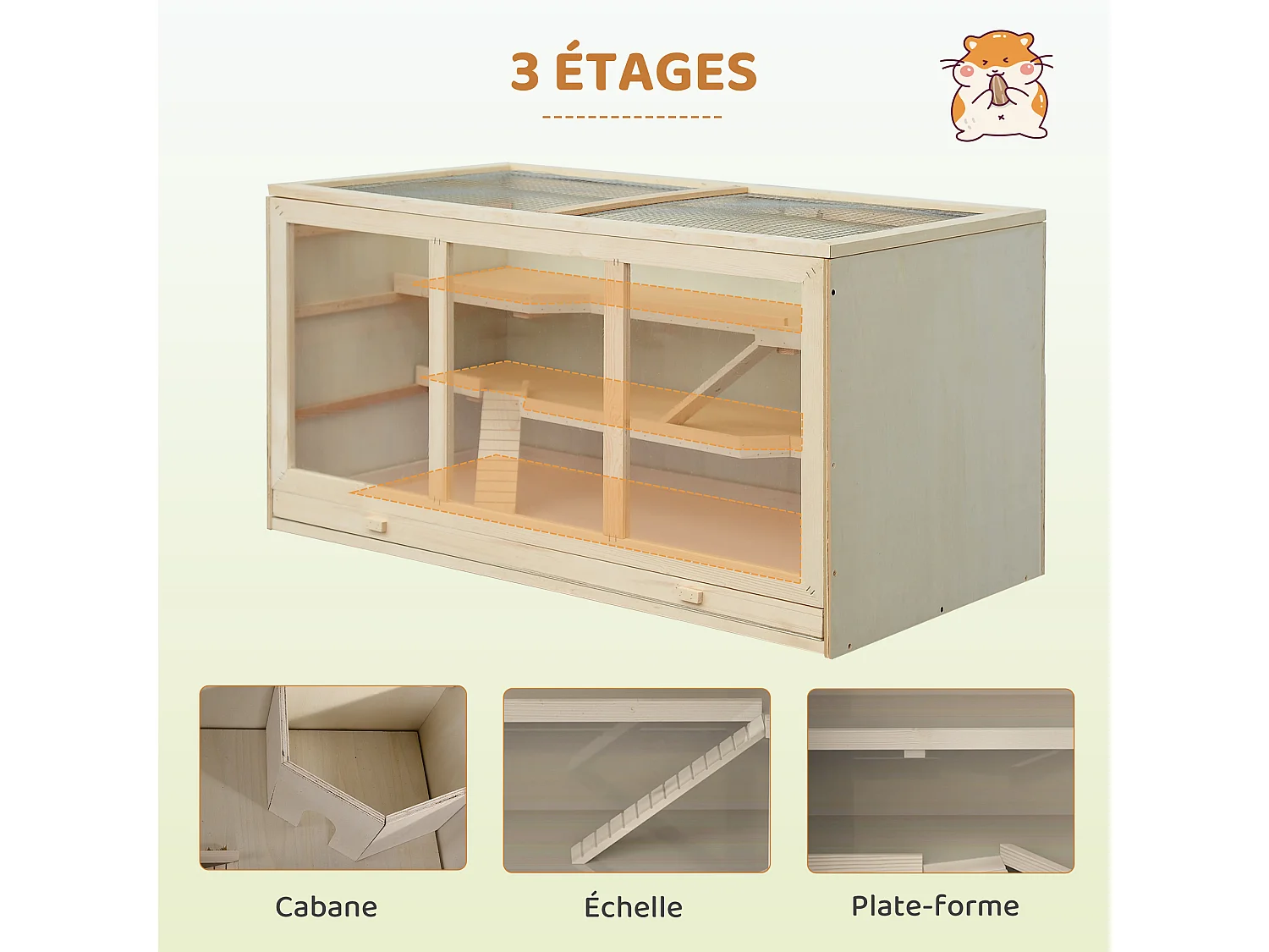 Cage pour hamster 2 étages dim. 115x57x55cm toit ouvrable fenêtres cabane 2 échelles plateau déjection bois