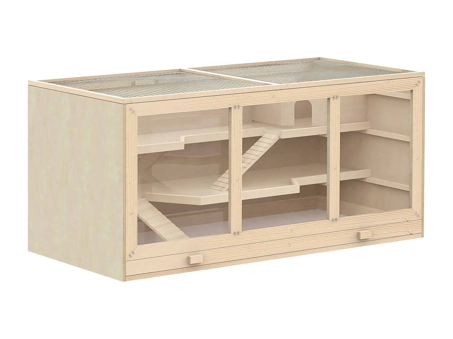 Cage pour hamster 2 étages dim. 115x57x55cm toit ouvrable fenêtres cabane 2 échelles plateau déjection bois