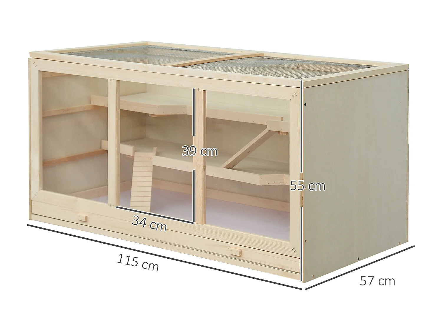 Cage pour hamster 2 étages dim. 115x57x55cm toit ouvrable fenêtres cabane 2 échelles plateau déjection bois