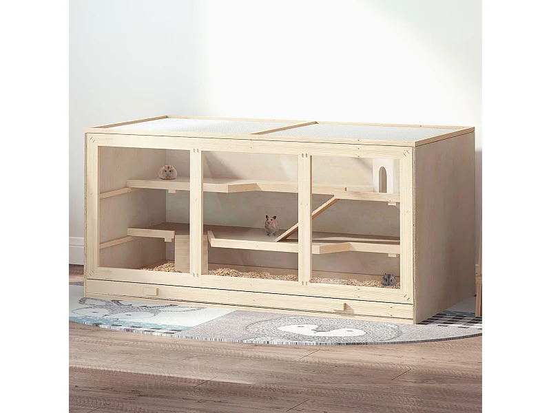 Cage pour hamster 2 étages dim. 115x57x55cm toit ouvrable fenêtres cabane 2 échelles plateau déjection bois
