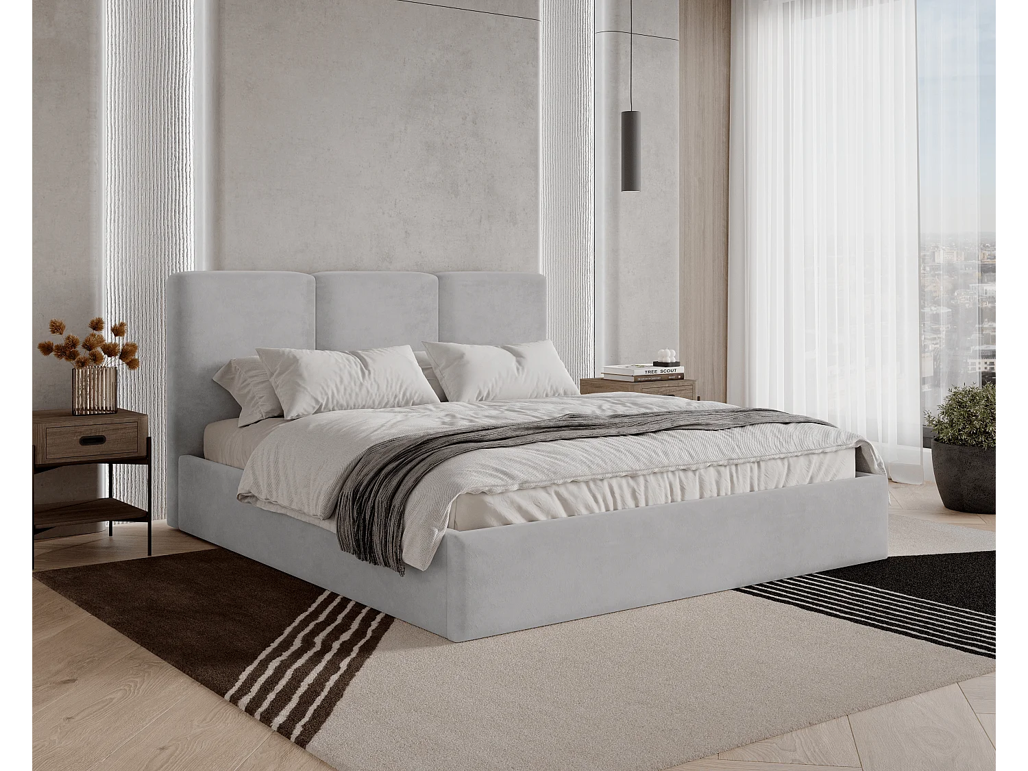 BESILIO Lit tapissé avec coffre de rangement 180x200 Mira – lit fin et minimaliste avec cadre en métal – Gris clair