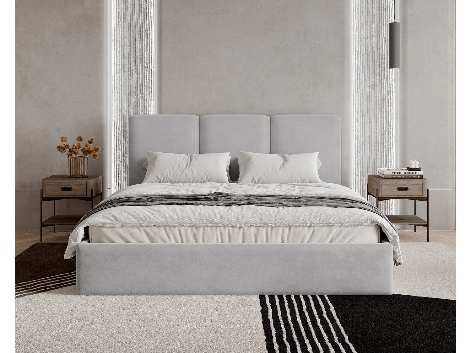 BESILIO Lit tapissé avec coffre de rangement 180x200 Mira – lit fin et minimaliste avec cadre en métal – Gris clair