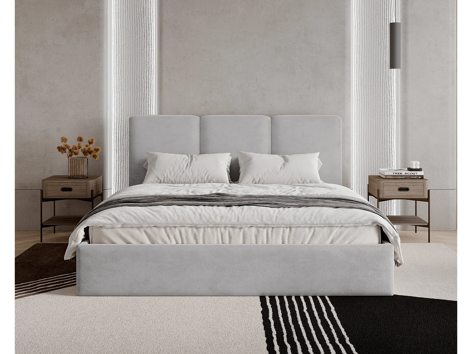 BESILIO Lit tapissé avec coffre de rangement 140x200 Mira – lit fin et minimaliste avec cadre en métal – Gris clair