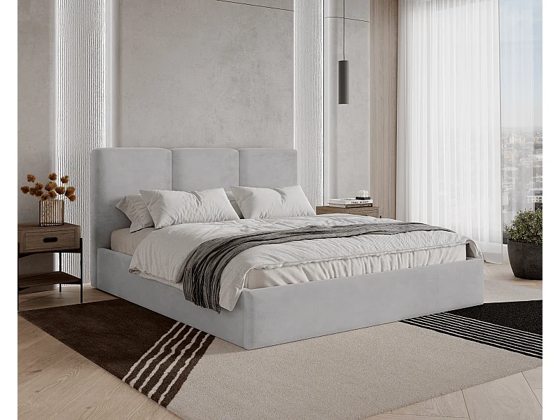 BESILIO Lit tapissé avec coffre de rangement 140x200 Mira – lit fin et minimaliste avec cadre en métal – Gris clair