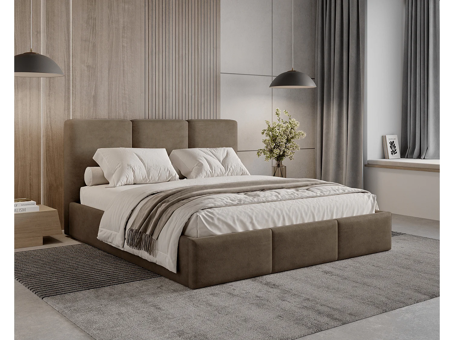 BESILIO Polsterbett mit Stauraum 160x200 Elora – schlankes Bett mit dekorativem Kopfteil und Metallrahmen – Braun