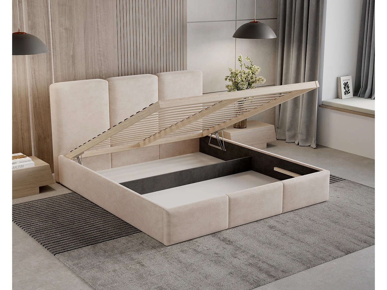 Gestoffeerd bed 160x200 Elora bouclé – bed met opbergruimte en lattenbodem, modern opbergbed, slaapkamerbed, trendy bouclé stof – Wit