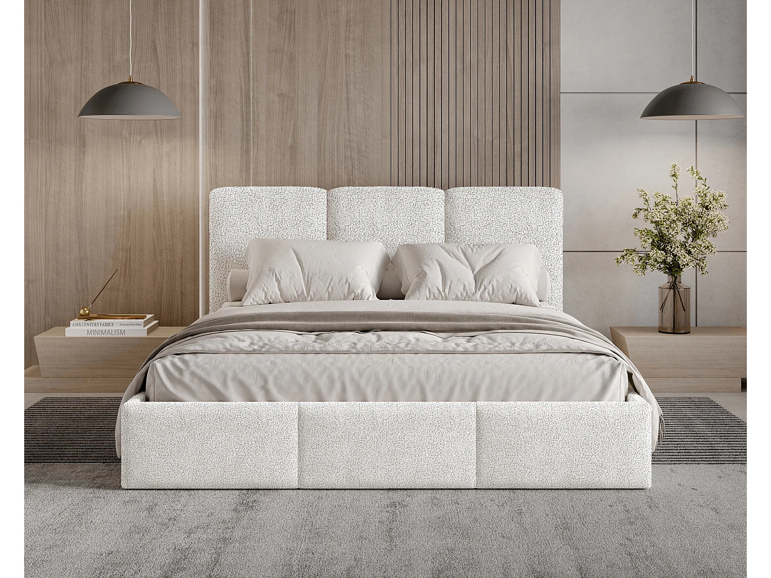 Gestoffeerd bed 160x200 Elora bouclé – bed met opbergruimte en lattenbodem, modern opbergbed, slaapkamerbed, trendy bouclé stof – Wit