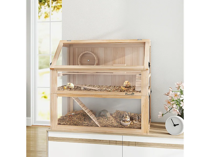 Cage rongeur hamster en bois dim.80x50x76cm 3 niveaux rampes roue bascule cabane