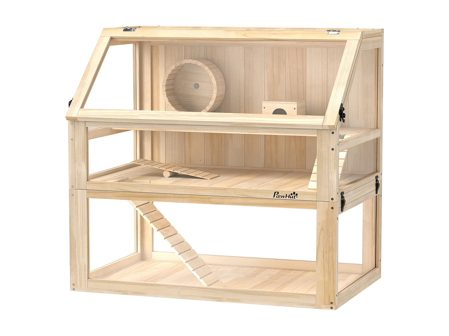 Cage rongeur hamster en bois dim.80x50x76cm 3 niveaux rampes roue bascule cabane