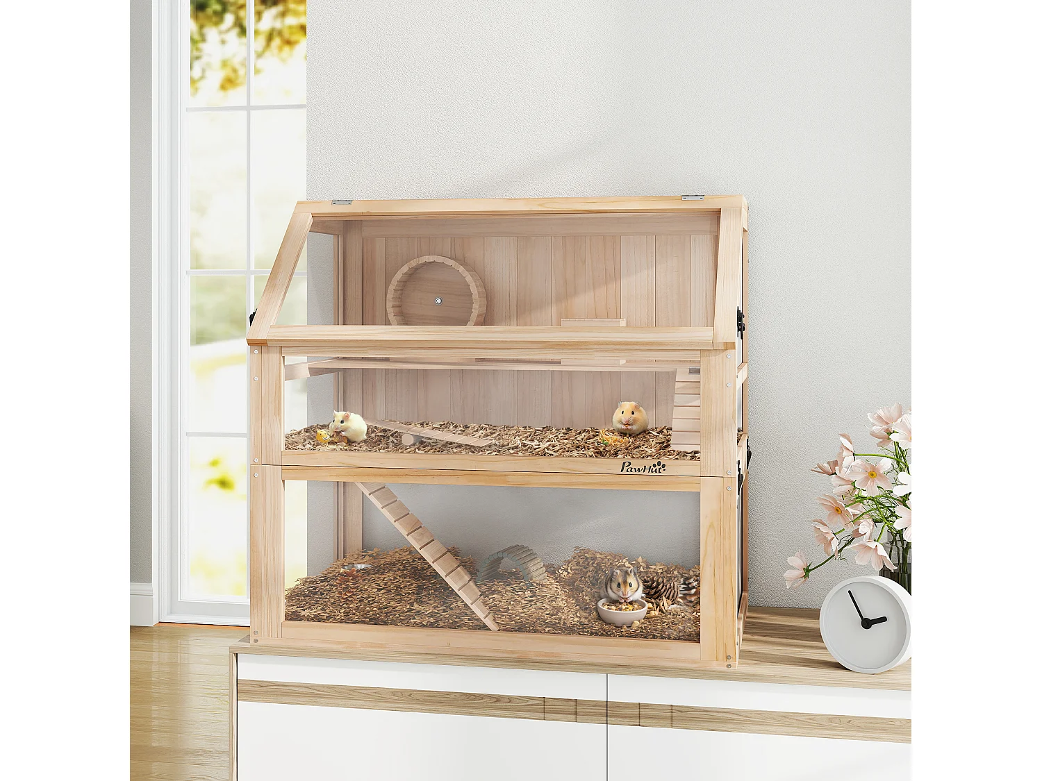 Cage rongeur hamster en bois dim.80x50x76cm 3 niveaux rampes roue bascule cabane