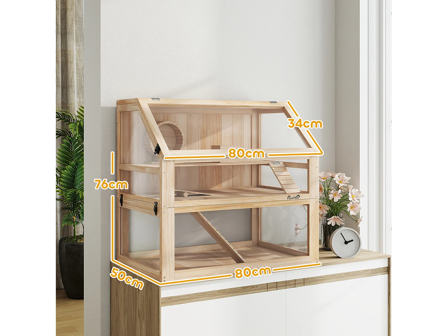 Cage rongeur hamster en bois dim.80x50x76cm 3 niveaux rampes roue bascule cabane