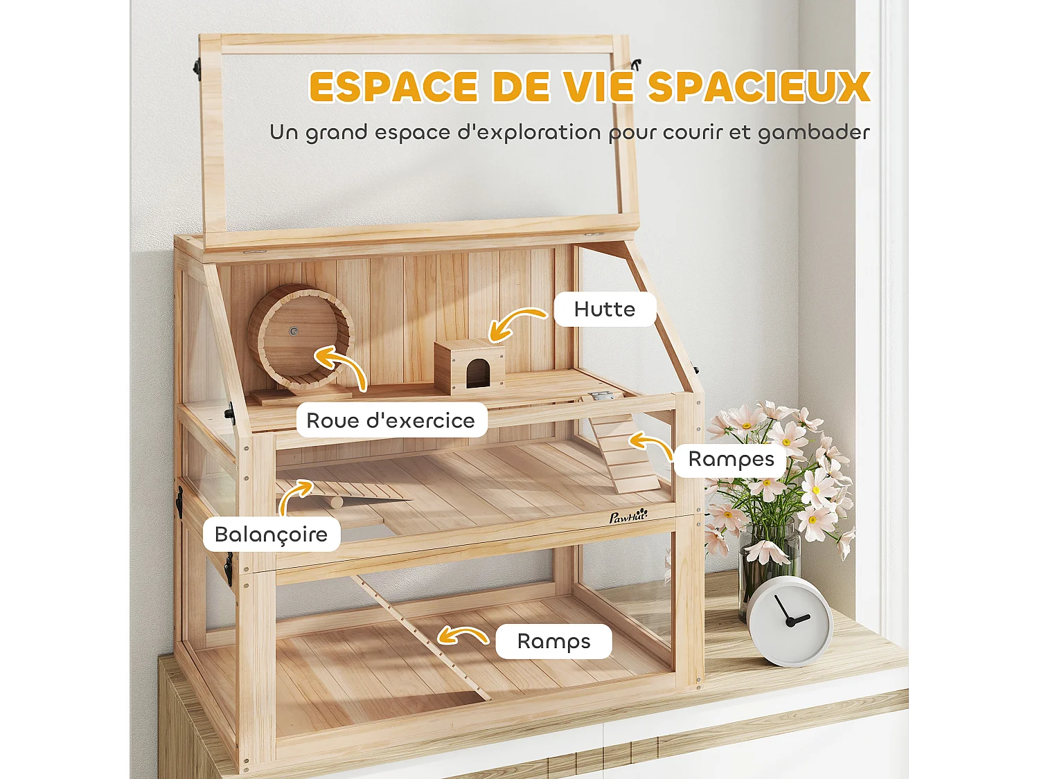 Cage rongeur hamster en bois dim.80x50x76cm 3 niveaux rampes roue bascule cabane
