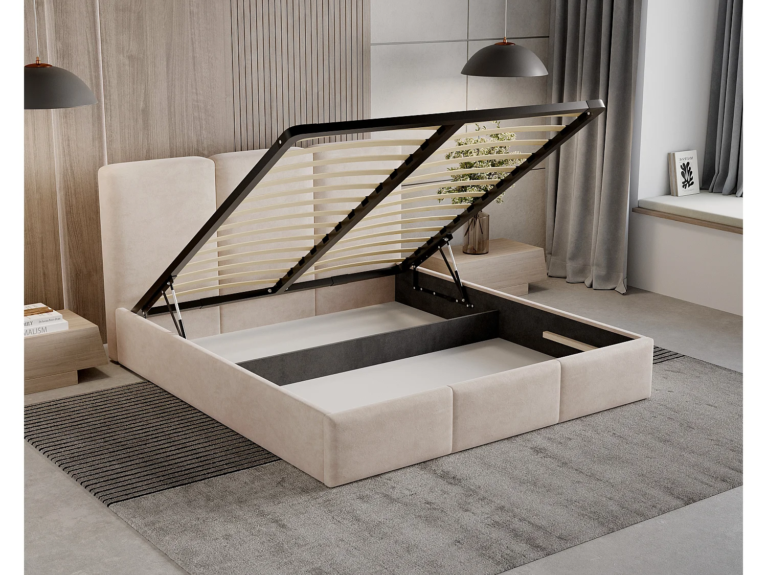 BESILIO Lit tapissé avec coffre de rangement 200x200 Elora – lit fin avec tête de lit décorative et cadre en métal – Gris clair