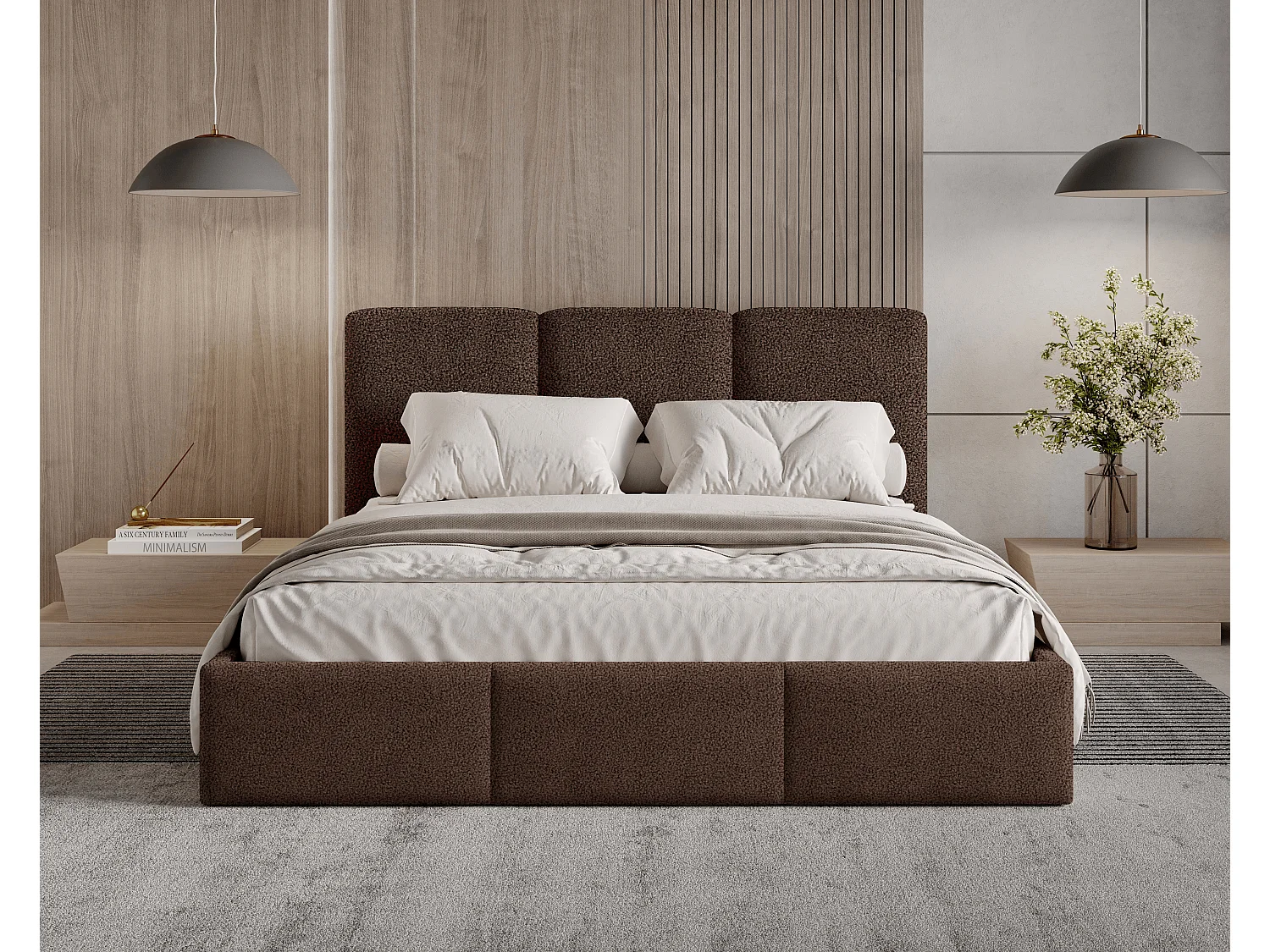 Gestoffeerd bed 200x200 Elora bouclé – bed met opbergruimte en lattenbodem, modern opbergbed, slaapkamerbed, trendy bouclé stof – Bruin