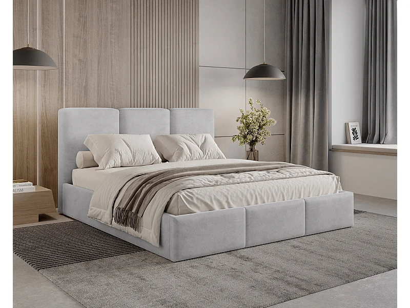 BESILIO Lit tapissé avec coffre de rangement 140x200 Elora – lit fin avec tête de lit décorative et cadre en métal – Gris clair