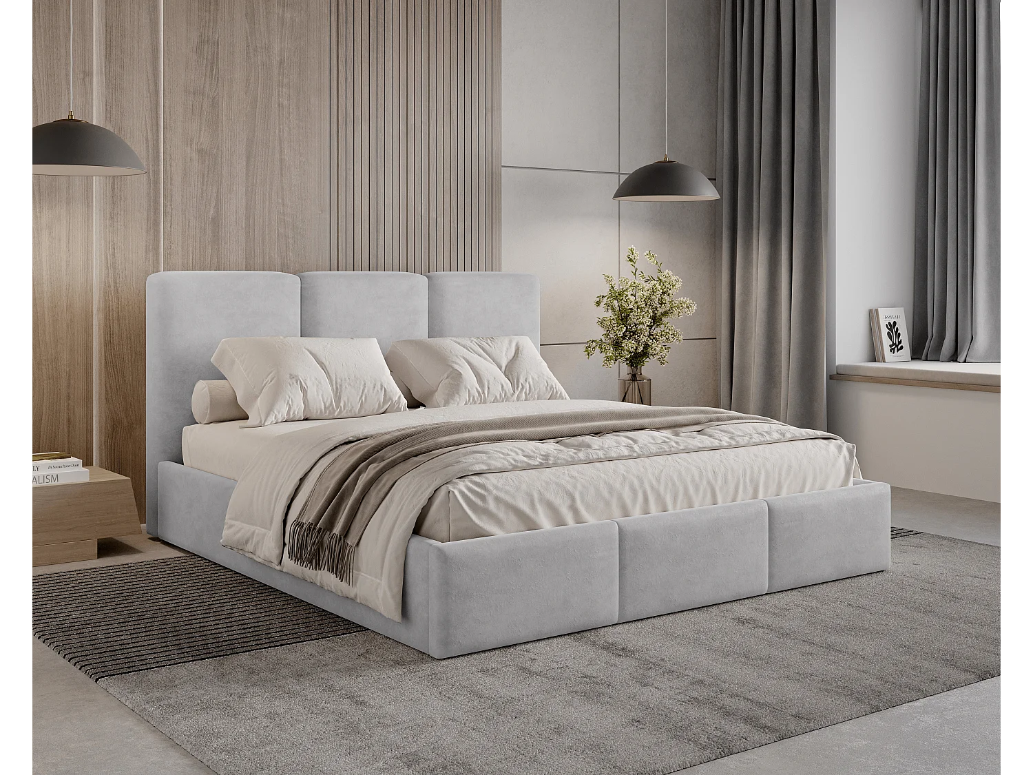 BESILIO Lit tapissé avec coffre de rangement 140x200 Elora – lit fin avec tête de lit décorative et cadre en métal – Gris clair