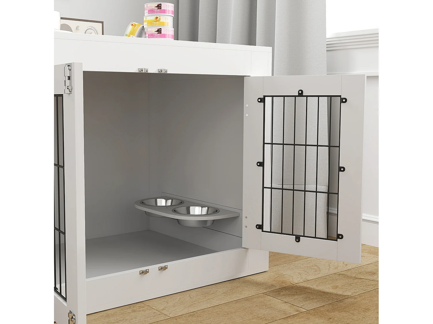 Cage chien intérieure - 2 portes - 2 bols rotatifs 360° - 80 x 60 x 63 cm - blanc