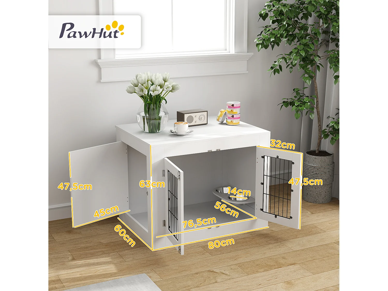 Cage chien intérieure - 2 portes - 2 bols rotatifs 360° - 80 x 60 x 63 cm - blanc