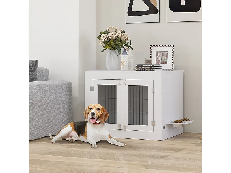 Cage chien intérieure - 2 portes - 2 bols rotatifs 360° - 80 x 60 x 63 cm - blanc