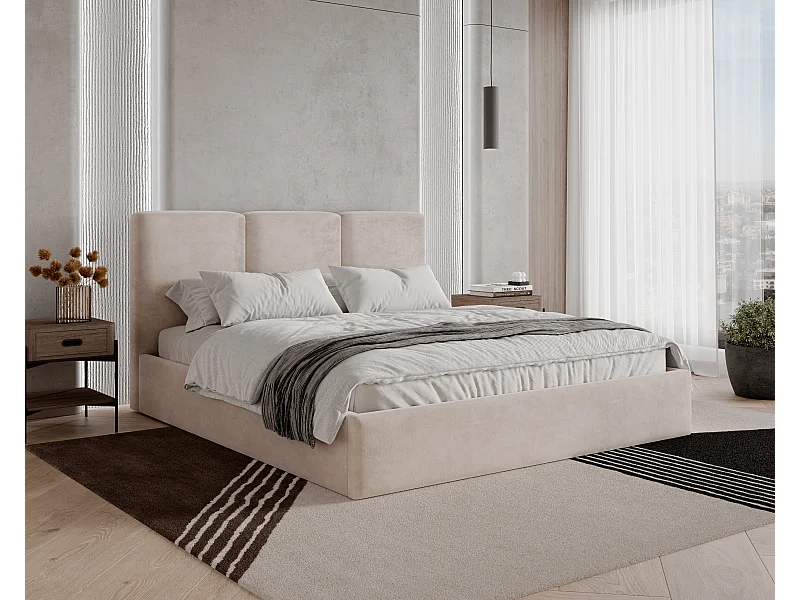 BESILIO Lit tapissé avec coffre de rangement 160x200 Mira – lit fin et minimaliste avec cadre en métal – Beige