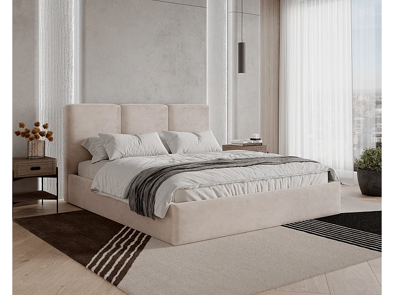 BESILIO Łóżko tapicerowane z pojemnikiem 160x200 Mira - Łóżko slim, łóżko minimalistyczne, stelaż metalowy- Beżowy