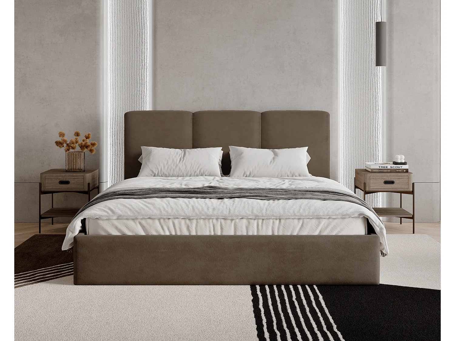 BESILIO Lit tapissé avec coffre de rangement 120x200 Mira – lit fin et minimaliste avec cadre en métal – Marron