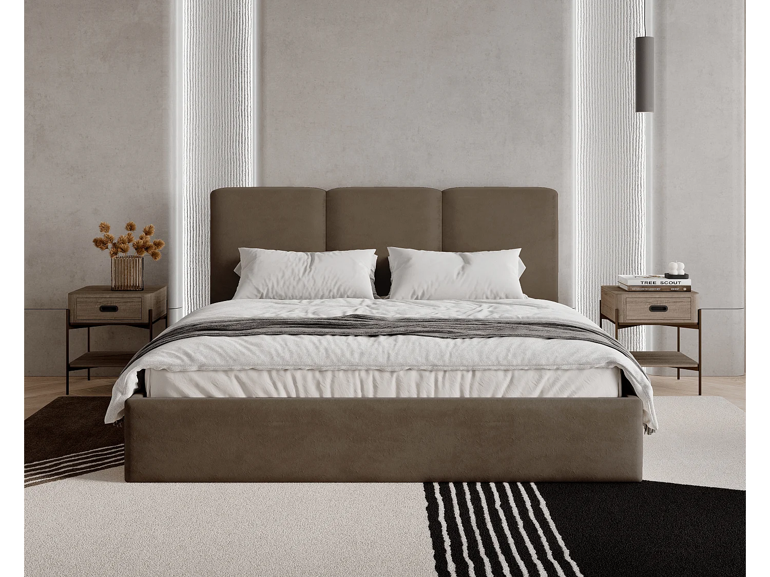 BESILIO Lit tapissé avec coffre de rangement 120x200 Mira – lit fin et minimaliste avec cadre en métal – Marron