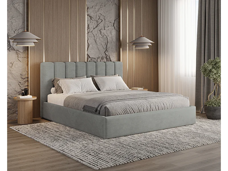 BESILIO Lit tapissé avec coffre de rangement 180x200 Nuvia – lit fin avec tête de lit moelleuse et cadre en métal – Gris