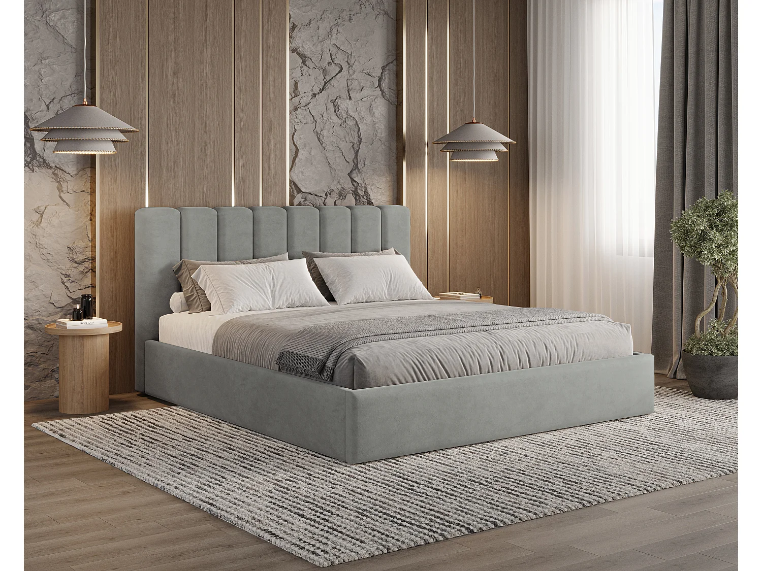 BESILIO Polsterbett mit Stauraum 180x200 Nuvia – schlankes Bett mit weichem Kopfteil und Metallrahmen – Grau