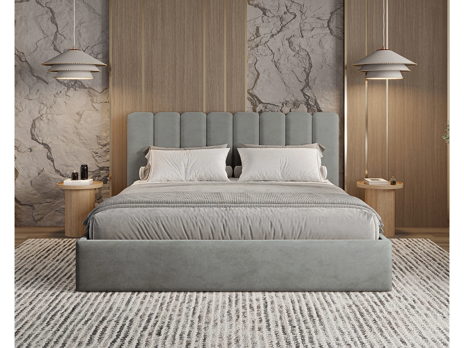 BESILIO Polsterbett mit Stauraum 180x200 Nuvia – schlankes Bett mit weichem Kopfteil und Metallrahmen – Grau