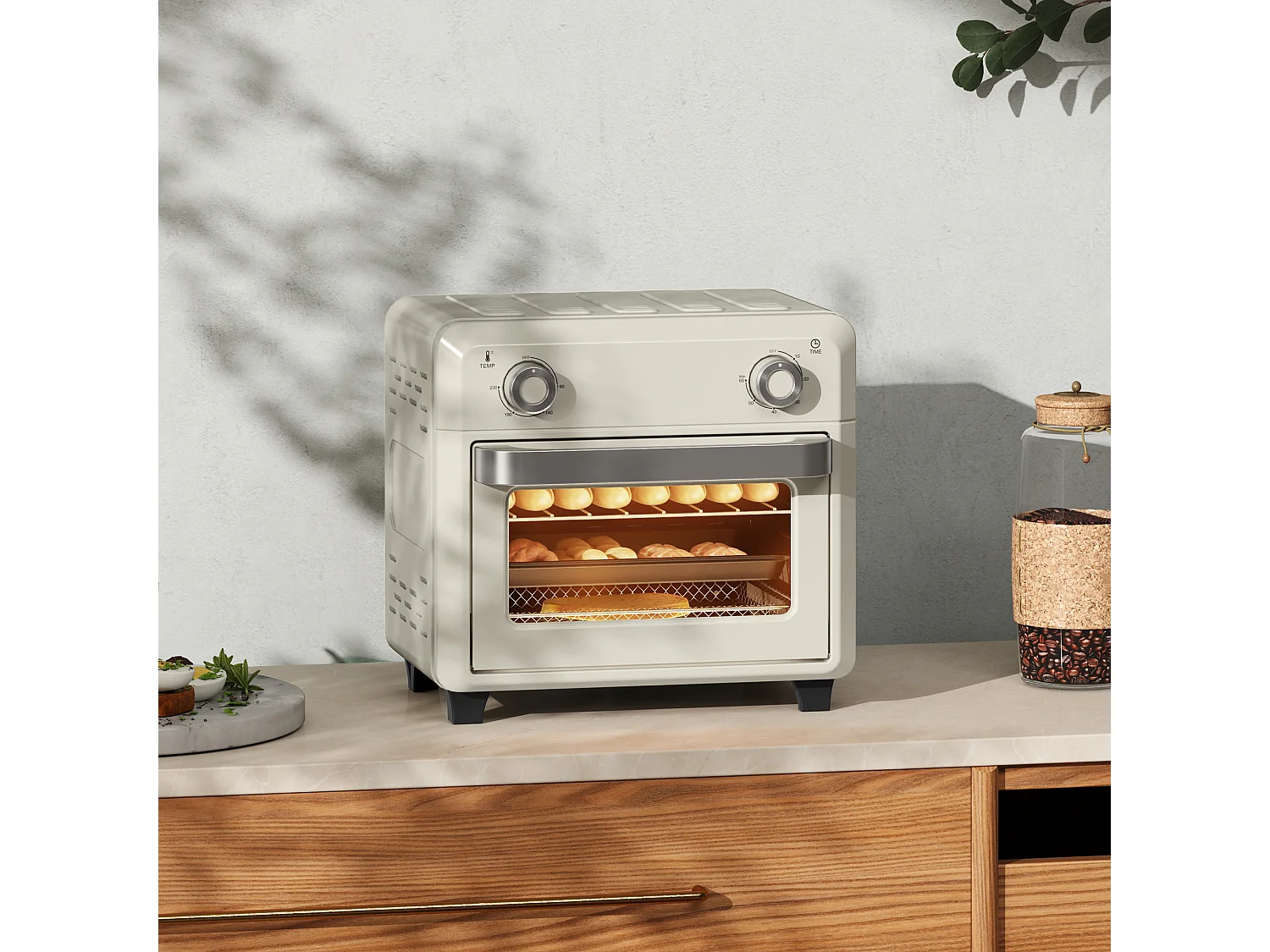 Friteuse à air mini four 1 000W 10L 80°C-230°C timer 5 accessoires inclus crème