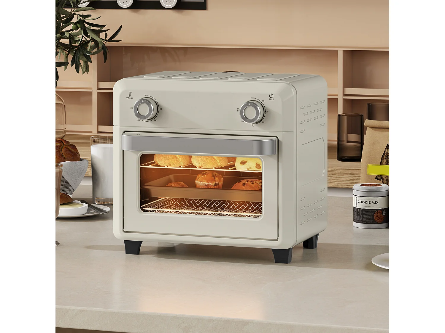 Friteuse à air mini four 1 000W 10L 80°C-230°C timer 5 accessoires inclus crème