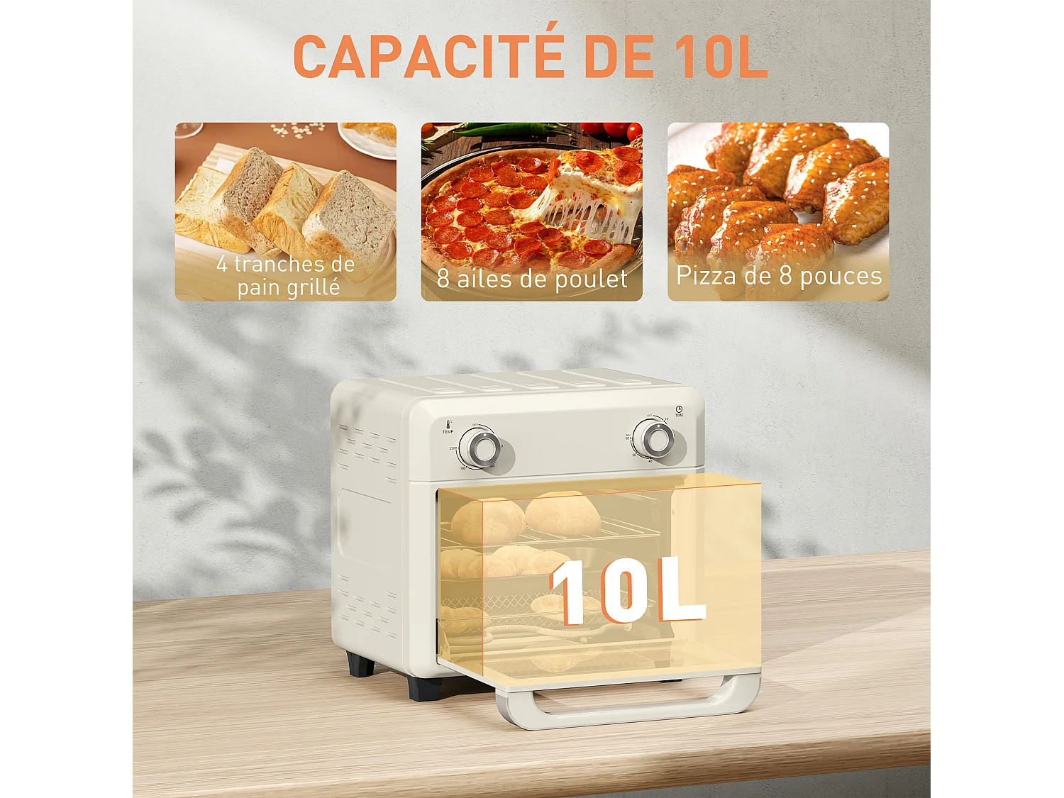 Friteuse à air mini four 1 000W 10L 80°C-230°C timer 5 accessoires inclus crème