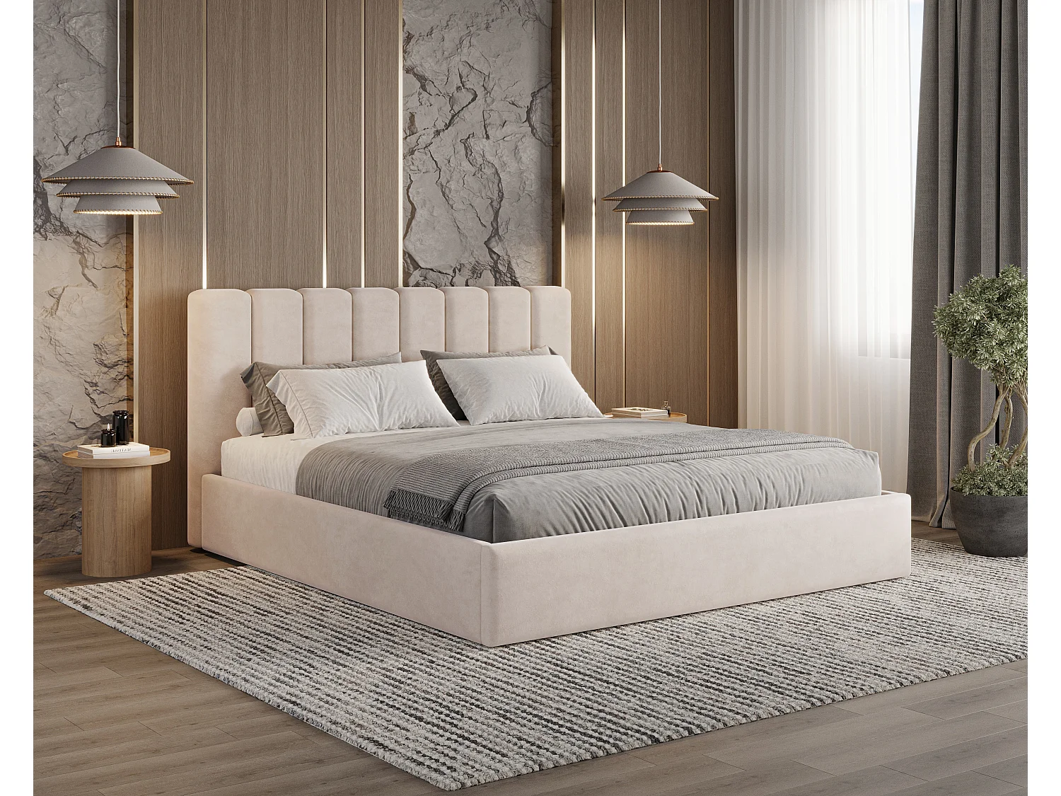 BESILIO Lit tapissé avec coffre de rangement 200x200 Nuvia – lit fin avec tête de lit moelleuse et cadre en métal – Beige