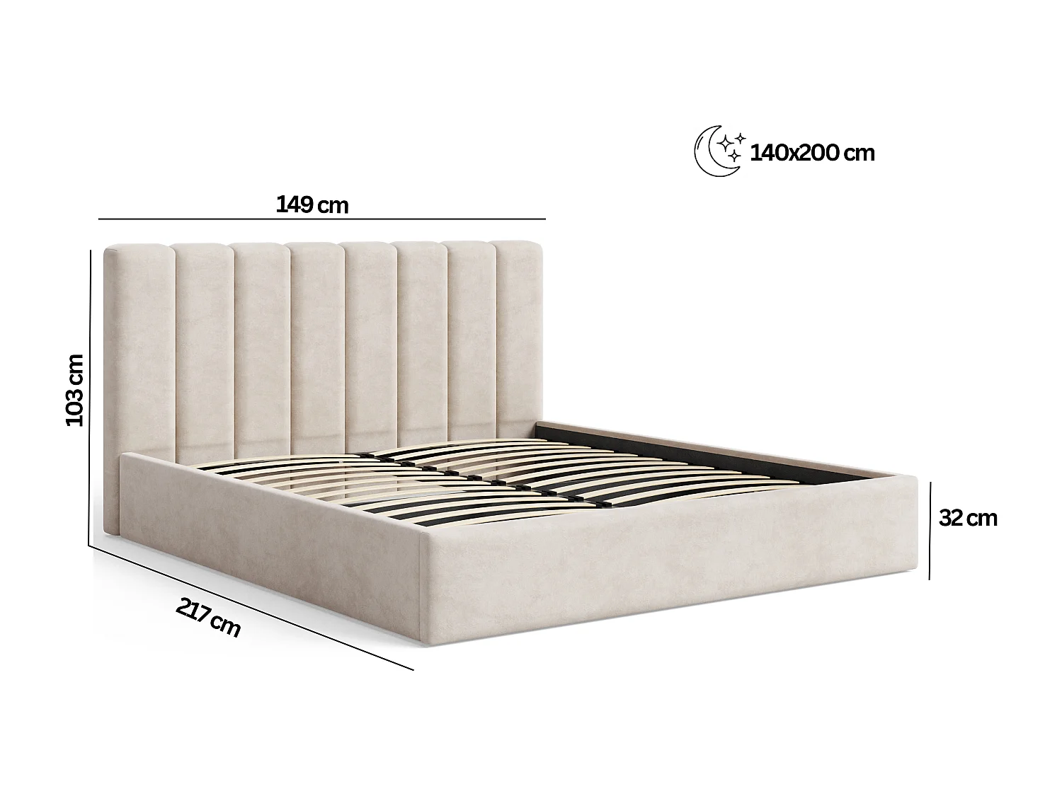 BESILIO Lit tapissé avec coffre de rangement 140x200 Nuvia – lit fin avec tête de lit moelleuse et cadre en métal – Beige