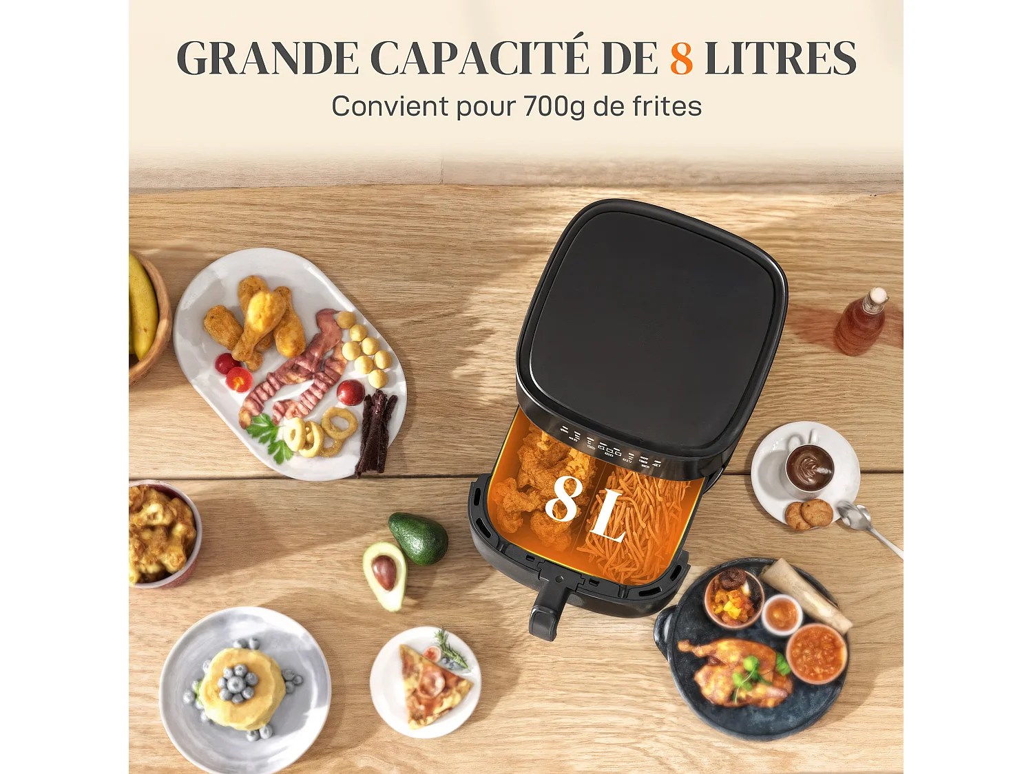 Friteuse à air friteuse sans huile air fryer 1700W 8L 8 prog. écran tactile LED multifonction noir