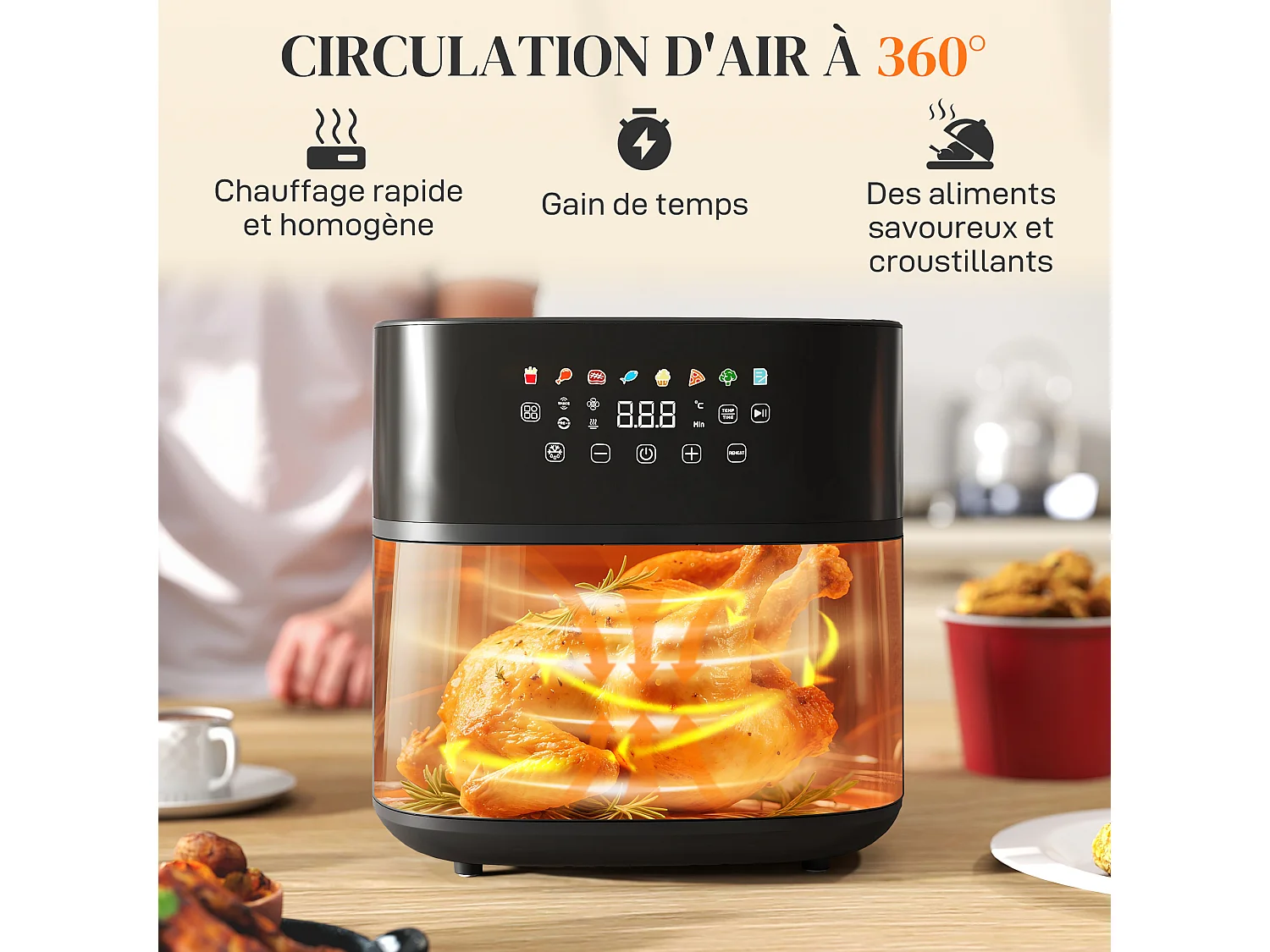 Friteuse à air friteuse sans huile air fryer 1700W 8L 8 prog. écran tactile LED multifonction noir