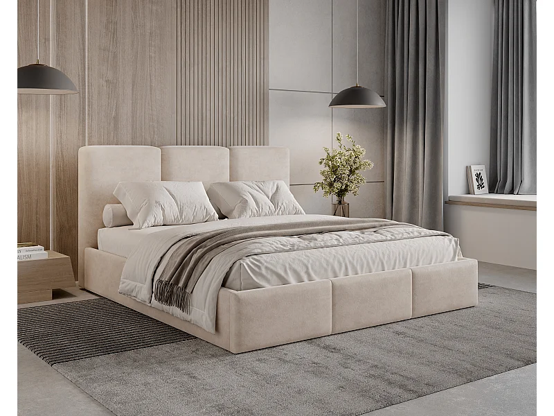 BESILIO Lit tapissé avec coffre de rangement 180x200 Elora – lit fin avec tête de lit décorative et cadre en métal – Beige