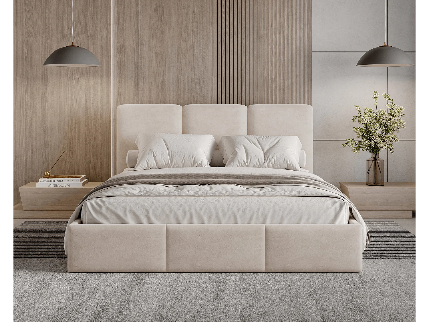 BESILIO Lit tapissé avec coffre de rangement 180x200 Elora – lit fin avec tête de lit décorative et cadre en métal – Beige