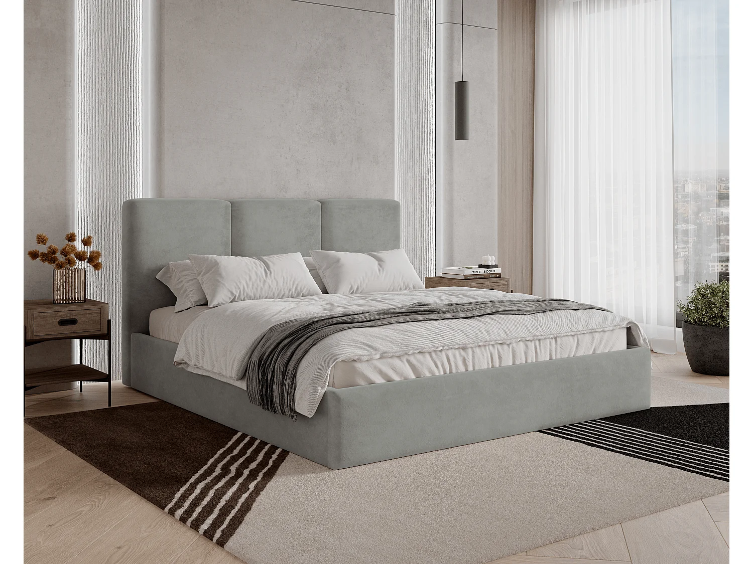 BESILIO Lit tapissé avec coffre de rangement 200x200 Mira – lit fin et minimaliste avec cadre en métal – Gris